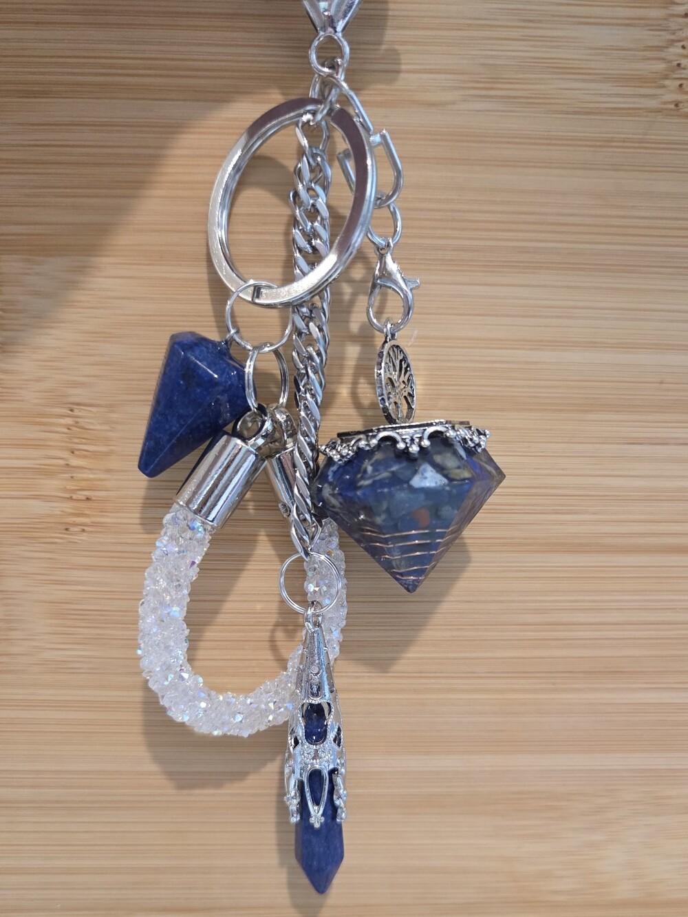 NWT 💎 Lapis Lazuli Orgonite Diamond Bag Charm Crystal Point Keychain Silver 💎